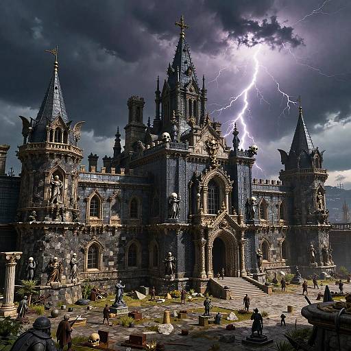 Photorealistic CGI of a Gothic-style castle bathed in dramatic lightning, with dark storm clouds, intricate architecture, and people scattered on the cobble