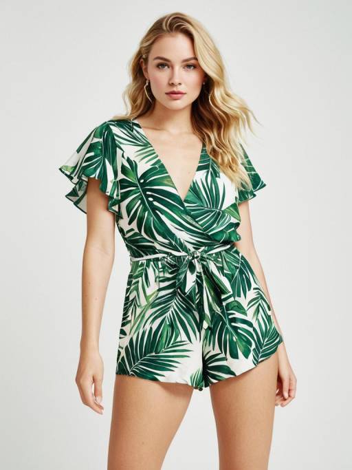 Woman in Tropical Palm Leaf Print Romper