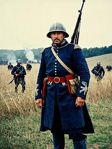 Man in 19th Century Military Uniform on Battlefield