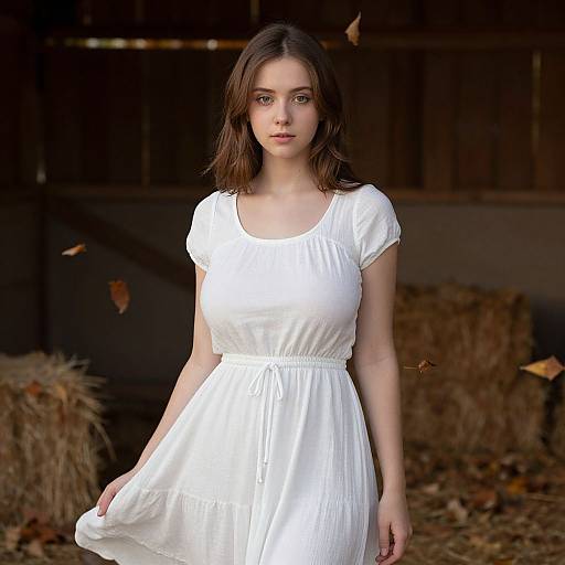 Photograph of a young woman with fair skin, brown eyes, and shoulder-length brown hair, wearing a white, short-sleeved, summer dress