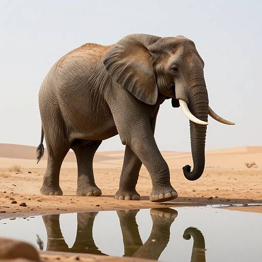 Photograph of a large, gray African elephant with long white tusks standing in a dry, sandy landscape, reflected in a small waterhole.