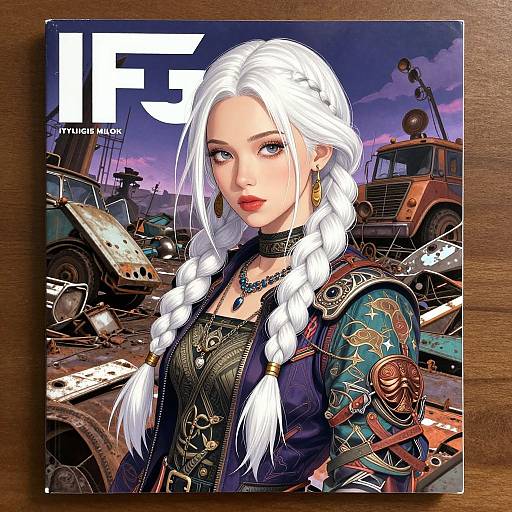 Digital art of a white-haired woman with braids, red lipstick, and detailed armor, set against a rusted, post-apocalyptic truck yard.