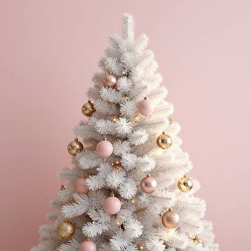 White artificial Christmas tree adorned with pink and gold baubles, set against a soft pink gradient background. Photograph.