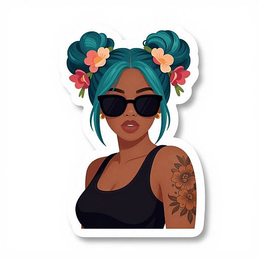 Digital illustration of a dark-skinned woman with teal hair in buns, adorned with pink and peach flowers, wearing black sunglasses and a black tank top