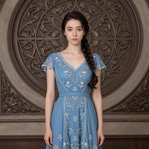 Photograph of a young woman with long black hair in a side braid, wearing a light blue floral dress, standing in front of an ornate