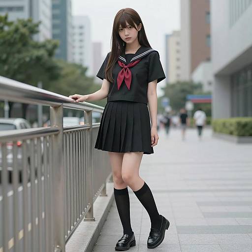 Asian Woman in Black Schoolgirl Outfit on City Sidewalk