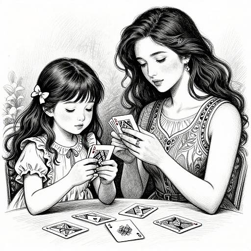 Black-and-white digital drawing of a mother with long, wavy hair and her daughter, both focused on playing cards at a table.
