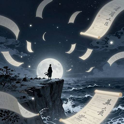 Moonlit Cliff with Floating Scrolls