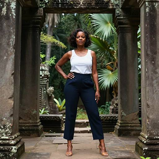 Photograph of a confident, dark-skinned woman with curly hair, wearing a white tank top and high-waisted black pants, standing in a