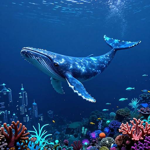 Photograph of a majestic blue whale gliding underwater, surrounded by colorful coral reefs, vibrant fish, and city skyscrapers in the background.