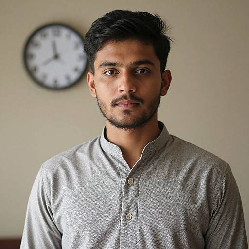 Photograph of a young Indian man with dark hair and beard, wearing a gray button-up shirt, standing against a beige wall with a clock in the