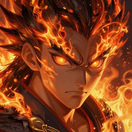 Digital anime artwork of a fierce male character with glowing orange eyes, black spiky hair, and flames encircling his head and shoulders. Intense