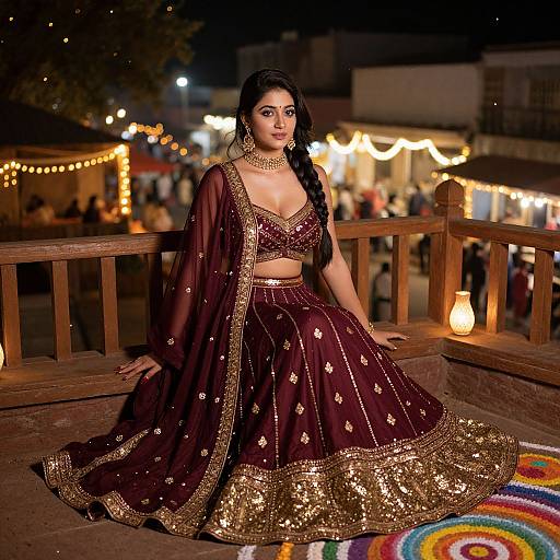 Photograph of a beautiful South Asian woman in a maroon and gold traditional lehenga, seated on a wooden bridge at night, with festive string lights