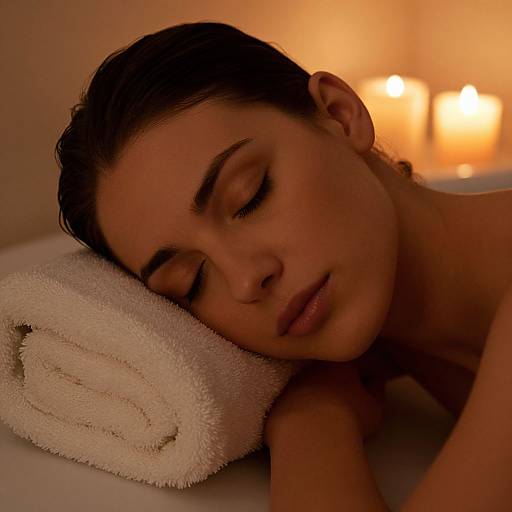 Photograph of a serene, dark-haired woman with closed eyes resting her head on a white towel, surrounded by warm, glowing candles.