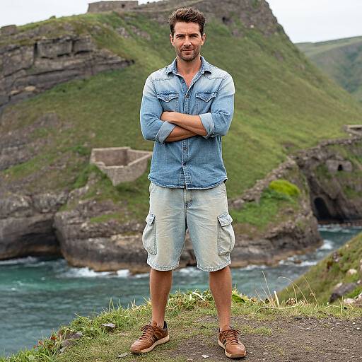 Photograph of a smiling, bearded man with short brown hair, wearing a blue denim shirt, white cargo shorts, and brown shoes, standing with
