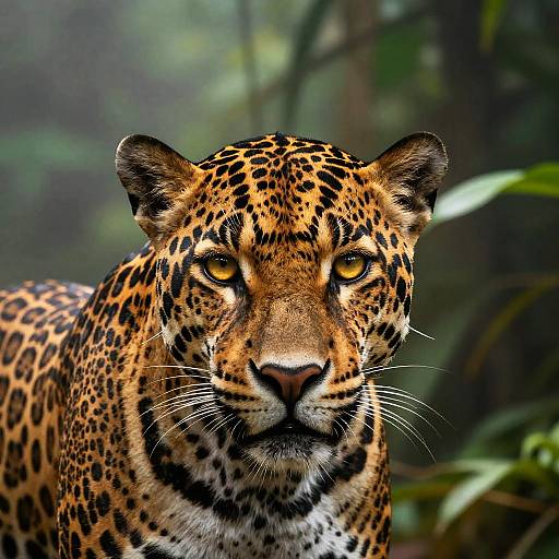 Photograph of a focused jaguar with intense yellow eyes, black-spotted golden coat, and whiskered snout, set against a blurred, lush
