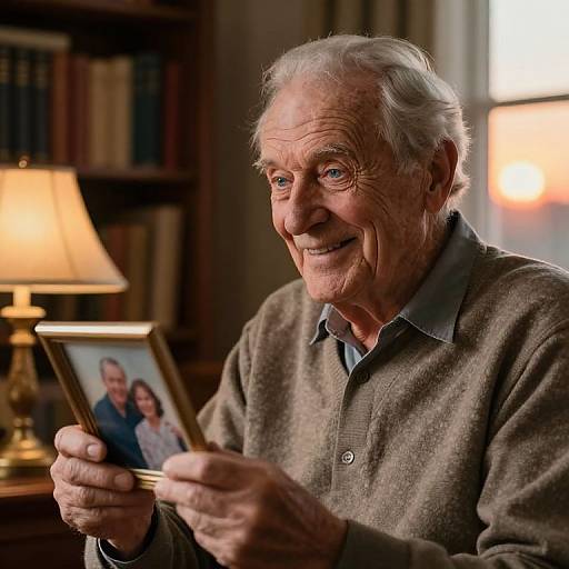 Photograph of an elderly white man with white hair, smiling while holding a framed photo of a smiling couple, wearing a brown sweater, in a warmly