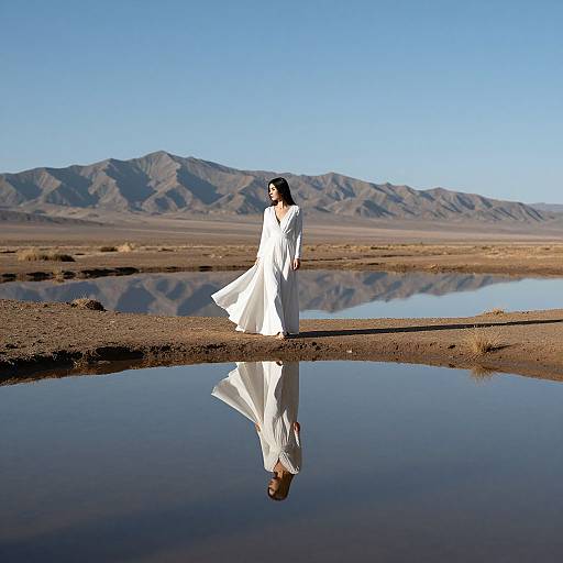 Photograph of a woman in a flowing white dress standing in a desert landscape with a reflective water puddle, mountains in the background under a clear blue
