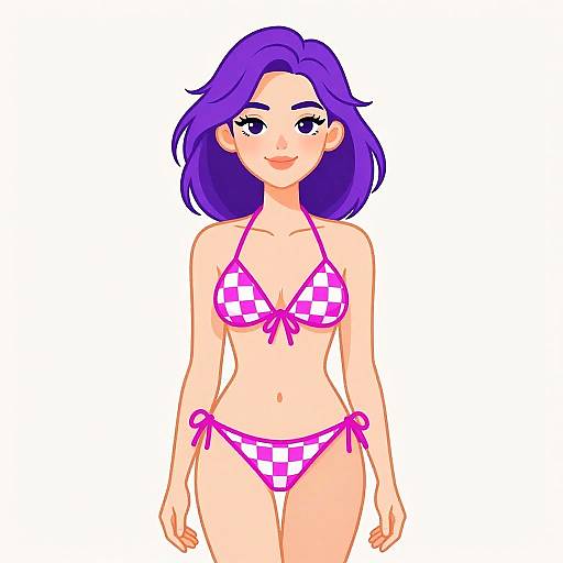 Digital anime-style illustration of a smiling woman with purple hair, wearing a pink and white checkered bikini, standing against a plain white background.