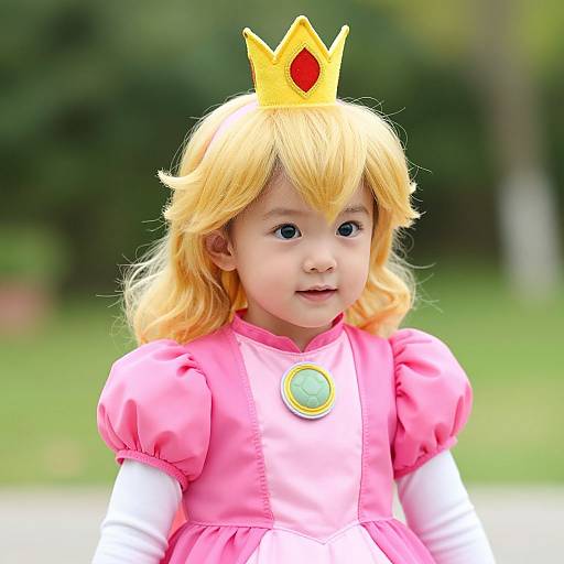 Photograph of a young Asian girl with blonde wig, yellow crown, pink dress, and green brooch, standing outdoors, green blurred background.
