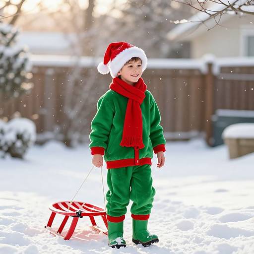 Festive Boy in Santa Outfit with Sled