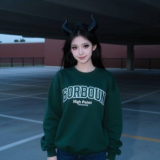 Photograph of an Asian woman with black horns, long black hair, wearing a dark green 