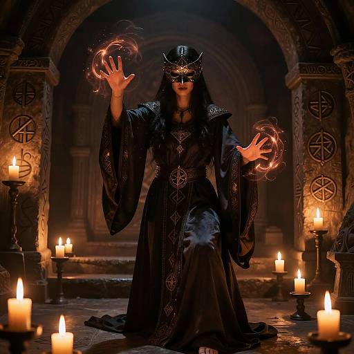 Dark, mystical sorceress in black, ornate robe and horned mask, conjuring glowing rings, surrounded by candles in dim, gothic