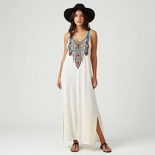 Photograph of a woman with medium brown skin, wearing a black wide-brimmed hat, white sleeveless dress with colorful embroidered neckline, and black