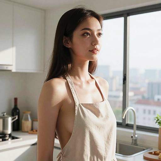Photograph of a young, slim Asian woman with long black hair, wearing a beige sleeveless apron, standing in a sunlit modern kitchen with