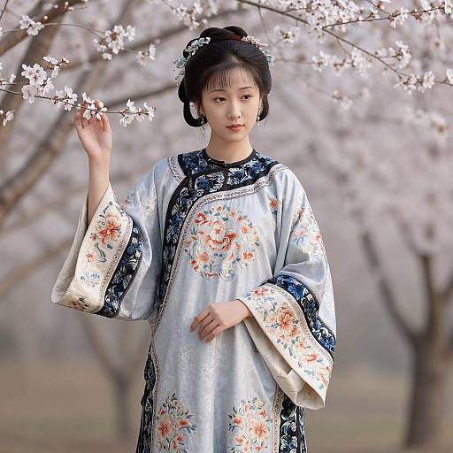 Photograph of an Asian woman in a traditional floral kimono, standing under cherry blossoms, gently touching a branch. Soft spring background.