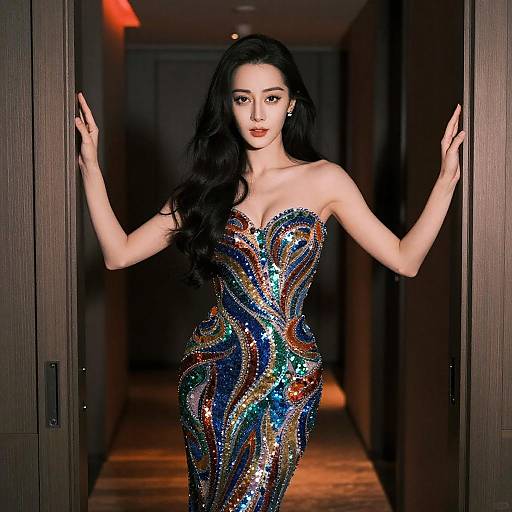 Photograph of an Asian woman with long black hair, wearing a strapless, sequined, multicolor dress, standing in a dimly lit hallway