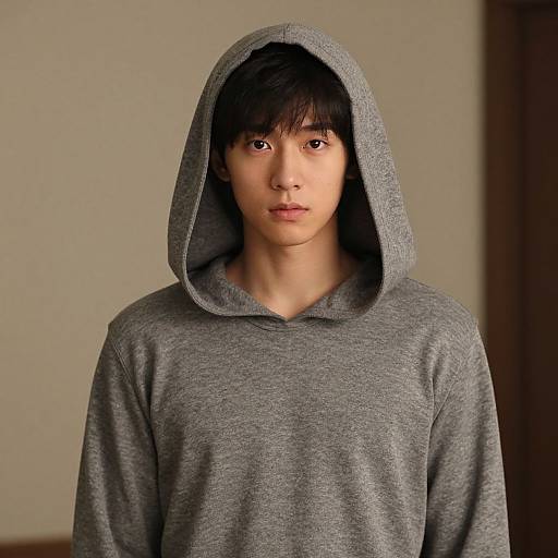 Photograph of an Asian teenage boy with medium-length black hair, wearing a gray hooded sweatshirt, standing against a plain beige background.