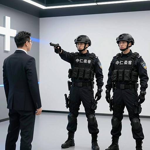 Tactical Police Standoff in Dim Lighting