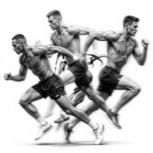 Black-and-white digital drawing of four muscular, shirtless male runners in motion, wearing shorts and sneakers, overlapping in dynamic poses.