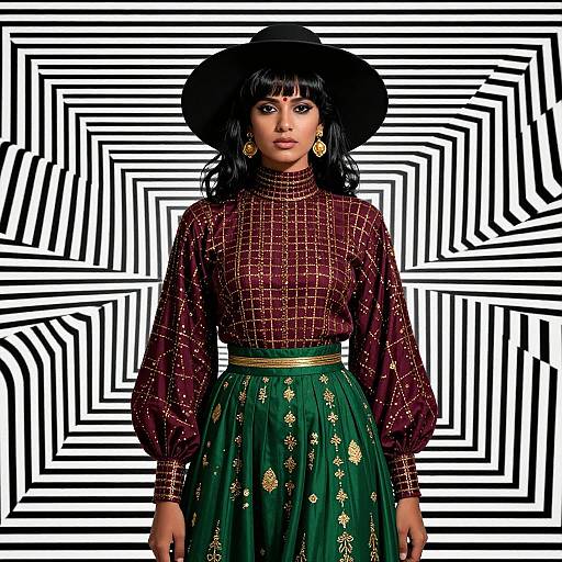 Photograph of a woman with dark skin, black hat, and red mesh top, wearing a green skirt with gold patterns, against a black-and-white