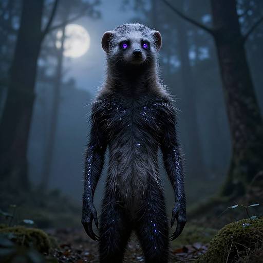 Photorealistic CGI of a glowing-eyed, dark-furred raccoon standing in a misty, moonlit forest, with ethereal blue light highlighting