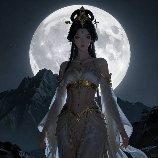 Digital art: Mystical woman with pale skin, dark hair, and red lips stands before a bright full moon, wearing a gold and white, revealing