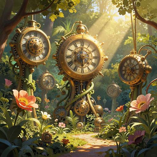 Fantastical forest scene with sunlight filtering through, featuring ornate, steampunk-style clock faces surrounded by vibrant flowers and lush greenery.