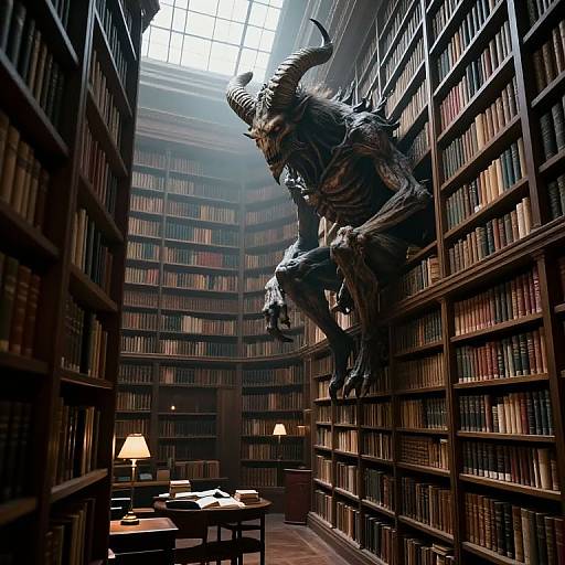 Photograph-style CGI: A horned, muscular demon with dark, striped skin and claws perches menacingly on a library bookshelf, illuminated by