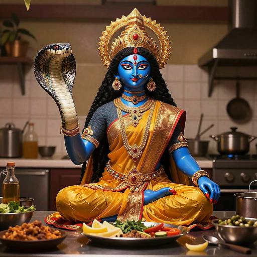 Saraswati Statue with Cobra in Kitchen