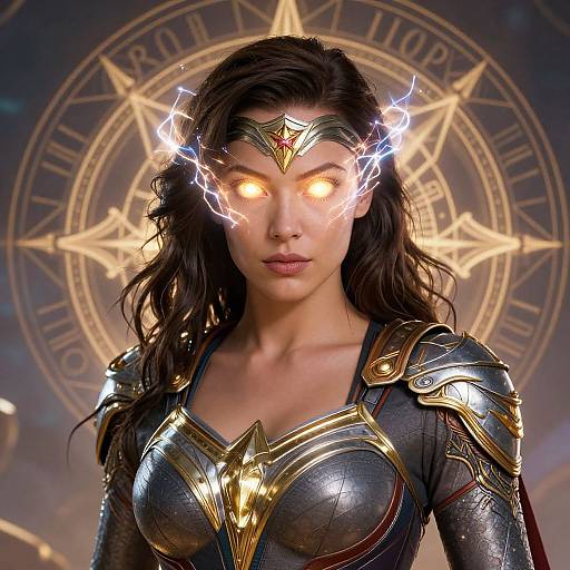 CGI image of a fierce, glowing-eyed Wonder Woman with electric lightning on her forehead, wearing metallic armor and a gold tiara, against a mystical