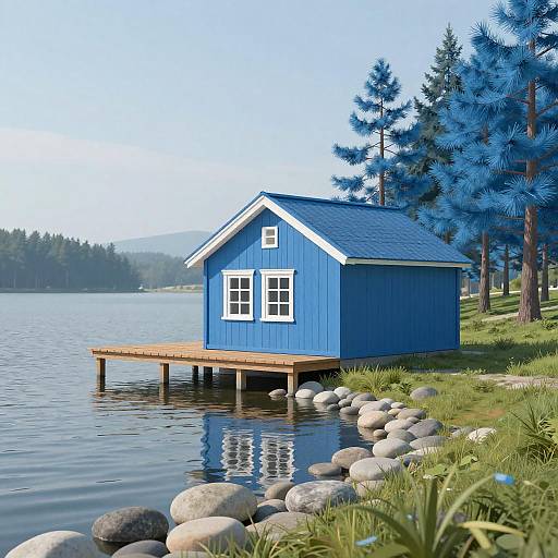 Serene Blue Cottage by a Calm Lake