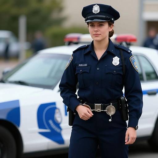 Photograph of a serious female police officer in a dark uniform standing in front of a blurred police car with blue and white markings.