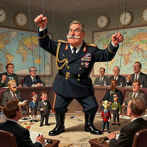Cartoon illustration of a mustached, muscular military officer in uniform, standing in a courtroom, raising fists, surrounded by smaller figurines of officials and
