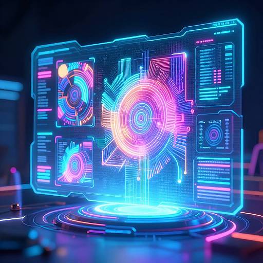 Neon-lit futuristic holographic interface with glowing blue and pink circular patterns, digital displays, and intricate lines on a dark background.
