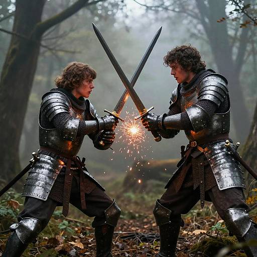 Epic Sword Duel in Misty Forest