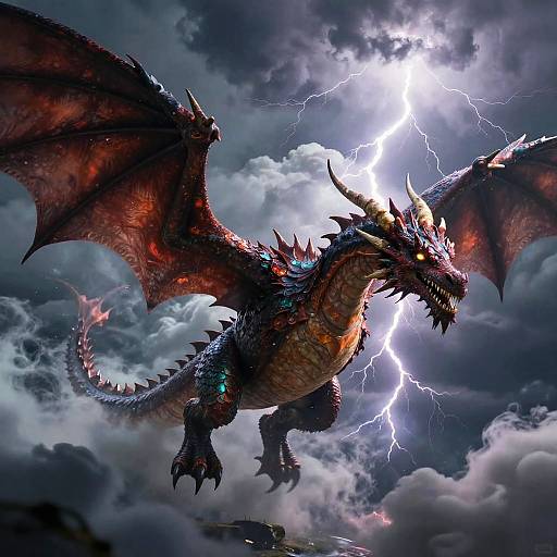 CGI artwork of a fierce, red-scaled dragon with glowing eyes and lightning-struck wings, soaring through stormy clouds with a bright lightning bolt