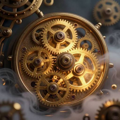 Close-up photograph of intricate, glowing golden gears with steam rising, set against a dark, blurred background. Steampunk-inspired mechanical design.