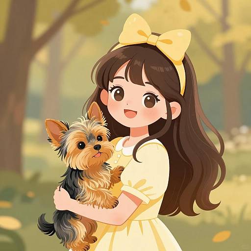 Young Girl Holding Yorkshire Terrier in Forest