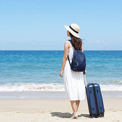 Photograph of a woman in a white dress and straw hat, carrying a blue backpack and rolling a suitcase on a sunny beach with clear blue ocean.